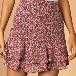 Lush Always Carefree Rust Brown Floral Print Ruffled Mini Skirt Size M